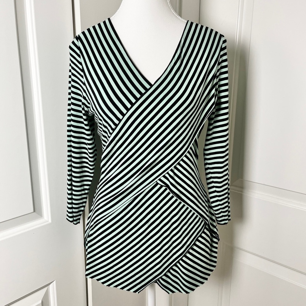 Chic Vince Camuto Striped Crossover Top - Light Green & Black - Size Medium